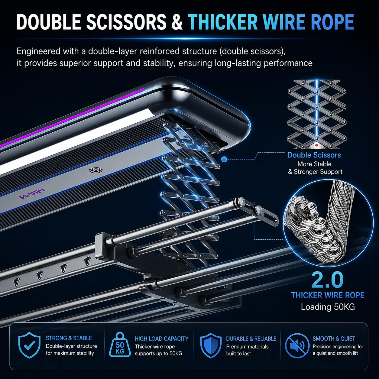 VEYA Lift Signature double scissor arm — 130cm of descent. Held rock steady.